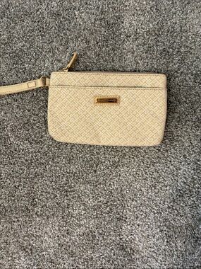 Tommy Hilfiger Beige Monogram Wristlet with Gold Plaque